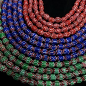 Multi-Layer India Handmade Chevron Glass Beads Choose Red, Blue Or Green / Strand 10&quot;  30 Beads 7x9mm / Jewelry Making Supplies.