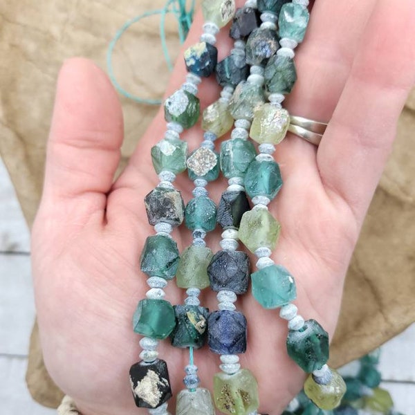 Genuine 100% Ancient Roman Glass Shaped Opaque Faceted Diamond Strand 15"/ Very Old Roman Glass Beads / Jewelry Supplies.