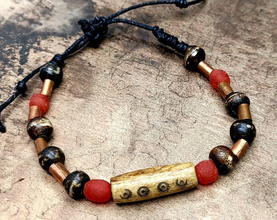 Hippie Bracelet, Boho, Copper, Carved Bone Beads, African Beads