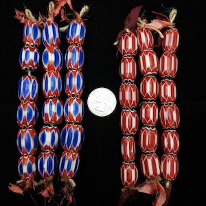 Blue Chevron Glass Beads 19-21×14-17mm Or Red 15-21x12-16mm Strand With 6 Beads, Trade Beads, Jewellery Making Supplies.