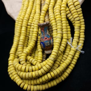 Yellow Canary Glass Beads With Antique Rustic Acent / 8mm 10" Long Strand / Indonesia Java Beads / Jewelry Making Supplies / Craft.