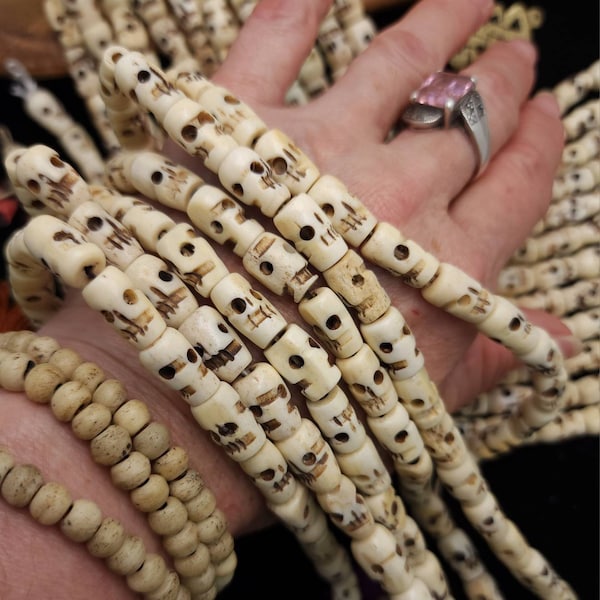 Skull Bone Beads / Rosary  / Buddhist Bone Skull Beads / Hand Carved Skull Beads / Kali Skull Beads / Strand 10" 12-14mm / Jewelry Supplies