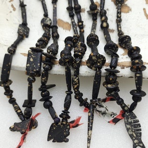 Splattered Black Bone Beads / Strand 14&quot;+ Variety Of Bone Beads / Tribal / Ethnic / Boho / Fun Beads / Jewelry Making Supplies.