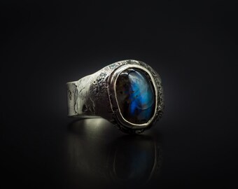 Available Sizes 7 and 13 Authentic 925 Silver Blue Labradorite Ring/Rustic Accent / Handmade Jewelry.