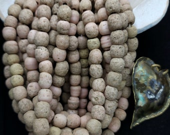 Handmade Indonesian Glass Beads / Java Rustic Beads / Strand 10" 26-28 Beads 9-10mm Beige / Vintage / Pink Pale / Jewelry Making Supplies