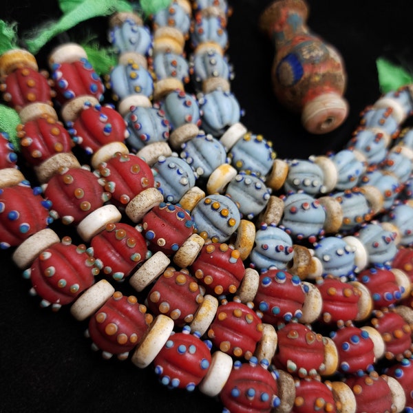 Vintage Glass Beads Dots Pumkins Strand With 10 Beads 11-12mm Option to Choose Blue or Red / Indonesian Beads / Jewelry Making Supplies.