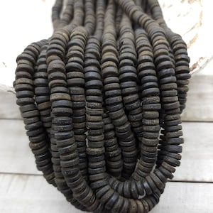 Black Glass Beads With Old Rustic Accent 9-10-mm Strand 10" Long, Java, Indonesian Beads, Heishi Beads / Tai Beads / Jewelry Supplies.
