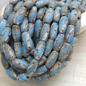 Sky Blue Glass Beads With Rustic Accent Made by Indonesian Artisans /Java / 10 Beads 18-20mm x 10mm /Jewelry Supplies / Vintage / Venetian /