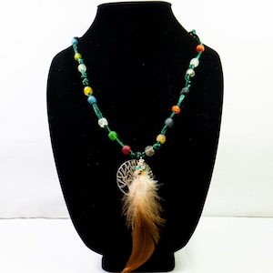 FINAL SALE!  Silk feather Necklace  pendant  African glass  Natural feather  Silk  crystal