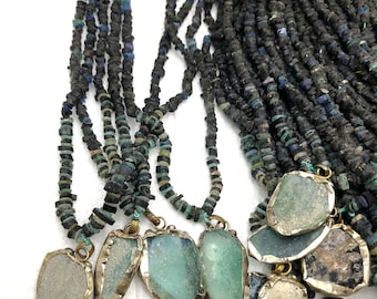 Unusual Dark Beads of Ancient Rome, Rustic Beads, Afghan Jewelry, Large Roman glass pendant, Strand 14-15" 4-10mm, Jewelry Supplies