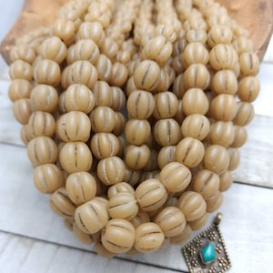 Old Glass Melon Shaped Beads Strand of 12 Beads 10-11mm / Indonesian Beads / Java / Vintage / Jewelry Making Supplies / Oriental Beads.