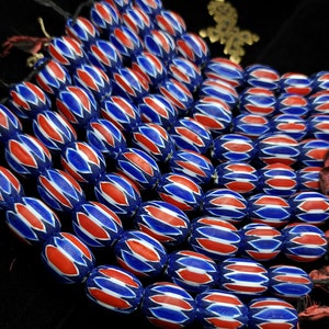 Large Chevron Beads, Strand With 8 Beads Blue, White And Red 20-21 × 15-18mm, Chevron Glass Beads, Tribal, Ethnic, Jewelry Making Supplies.
