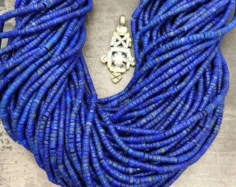 Hermosas cuentas Heishi de lapislázuli auténticas y naturales de Afganistán / Cilindro de lapislázuli de 4 mm + x 3 mm, hebra de 14 "/ Suministros de joyería.