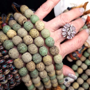 Indonesian Glass Beads Strand 12 Earthy Beige, Yellow, Green Beads 11-12mm, Vintage, Rustic,  Tribal, Boho, Hippie, Jewelry  Making Supplies