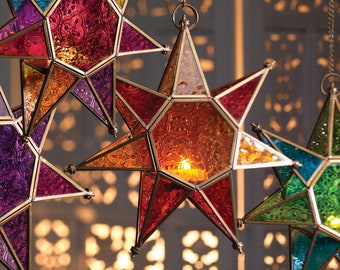 Hurricane Lantern Christmas Star Candle Holder Hanging Glass Lamp Glass 