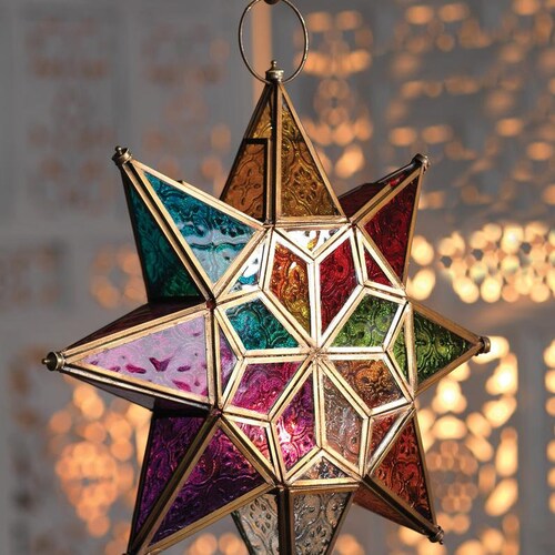 Large Star Glass Lantern Hanging Tea Light Holder Moroccan Etsy