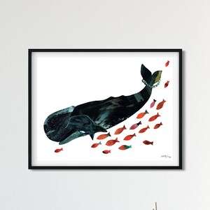 Whale & Fish Art Print, Nature Art, sperm whale, endangered, Nursery, Kids Room wall art, Ocean animals, coastal art, beach decor, red fish