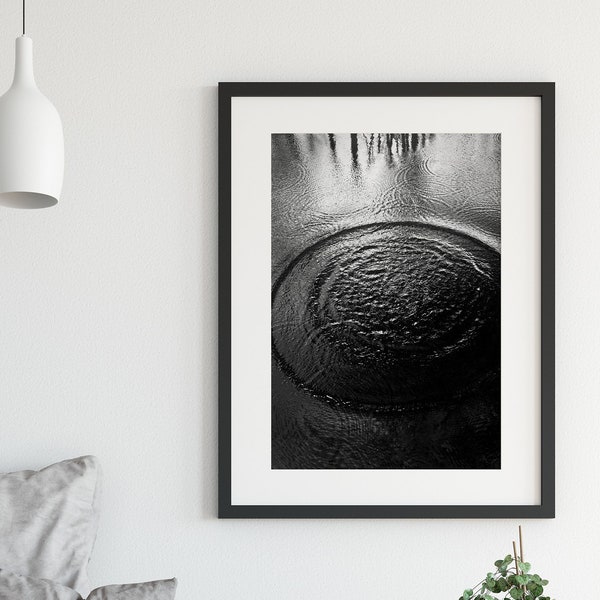 Rain Drop Print, DIGITAL Download, Black & White Photography, Pond, raindrops, zen poster, Downloadable art, serene,meditation,water, forest