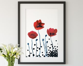 Red Poppies Art Print, Poppy Flower Poster, Nursery, Kids Room, handmade collage, colorful, nature, floral, girl's room, Modern, Botanical