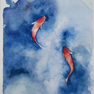 Original Watercolour Painting, Koi Fish, Blue, Wall Decor