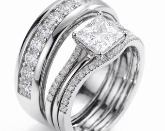 Couple's Engagement Wedding Trio Ring For Men & Women 14K white Gold Finish Wedding Rings His/Her Rings Design Sim. Diamond Bridal Ring Set