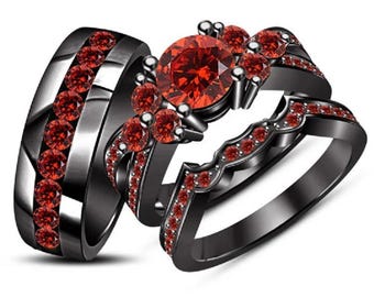 His and Her's Trio Engagement Ring Set/ Sterling Silver Black Gold Finish Round Red Garnet Couples Rings/ Birthday Gift/ Wedding Anniversary