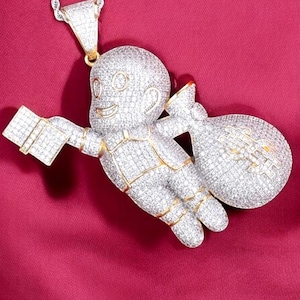 Ciondolo a forma di borsa porta soldi personalizzata con ciondolo a forma di borsa da un dollaro per bambino, in oro 14 carati su argento 925, collana alla moda in stile hip hop con diamanti completamente ghiacciati.