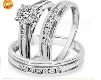 Gold over 925 Silver His & Her's Trio Wedding Rings Sets, Best Anniversary Matching Couple,s Jewelry, Mosinitae Diamond Ring, Christmas Gift