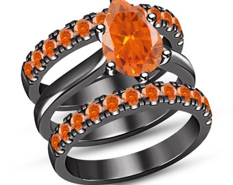 Women's Orange Sapphire Pear Cut, 14k Black Gold Finish Ladies Engagement Ring Wedding Bridal Sets, Anniversary Gift, Christmas Gift for her
