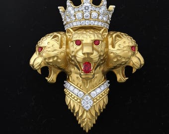 Rose Gold Plated Three-Head Leopard Pendant, Crowned Panther Necklace, Diamond Studded Hip Hop Jewelry, Statement Animal Charm