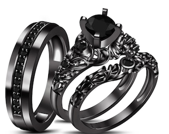 925 Silver His & Hers Wedding Bands, 14K Black Gold Diamond Trio Ring Set - Most Searched Perfect Engagement or Anniversary Gift