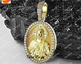 Jesus Medallion Men & Women's Pendant Charm's, 2.15 Ct Round Cut Diamond/ Moissanite /Oval Shaped Necklace, 14K Yellow Gold Over 925 Silver