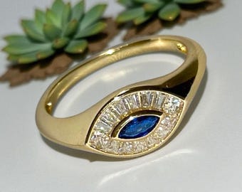 Evil eye ring, Evil Eye gold plated ring for women, white Baguette & Blue Marquise Sterling silver dainty eye ring, Statement evil eye ring