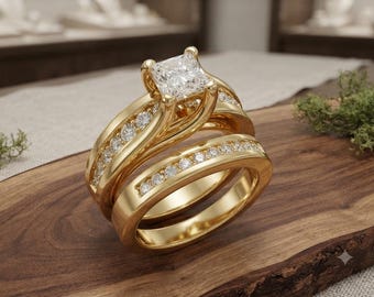Princess Cut Moissanite bruidsring set 14k geelgouden afwerking sterlingzilveren verlovingsring voor vrouwen