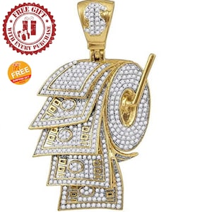 Herren Geld Dollar auf Toilettenpapier Rolle Diamant Anhänger, 14K Gold über 925 Silber, Runder Diamant Charme Hip Hop Schmuck Anhänger Geschenk Geld