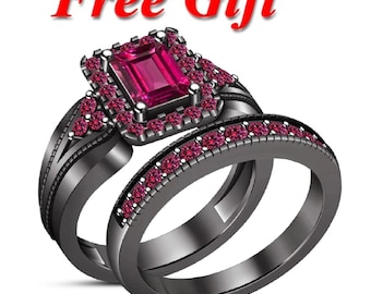 Women's 14k Black Gold Finish Pink Sapphire Emerald Cut Engagement Ring Set, 925 Sterling Silver Wedding Ring Set, Christmas/ New year gift