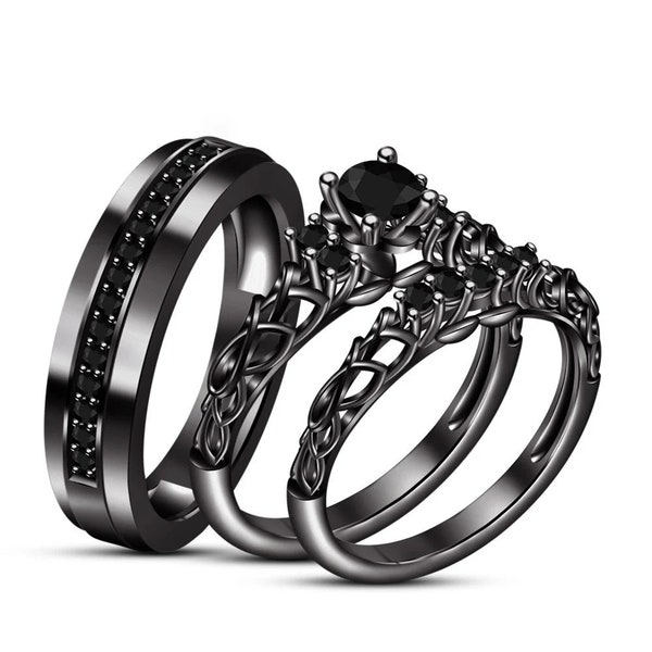 Most Searched Men Women Rings, 14k Black Gold Finish Sterling Silver Trio Ring set, Couple's Black Diamond Wedding Rings With Matching Band
