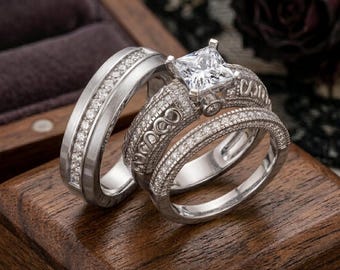 Couple's Engagement Wedding Trio Rings For Men And Women 14K White Gold Finish Wedding Rings His & Her Rings Design Diamond Bridal Ring Set