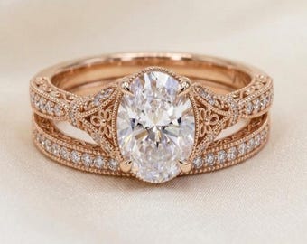Oval Cut Diamond Bridal Band Set, 14k Gold Plated Sterling Silver Engagement Ring