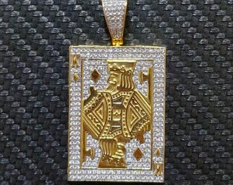 Customized Iced Out Diamond Card Pendant, 14k Yellow Gold Plated Silver Casino King Card Poker Pendant, Men's Play-Card Moissanite Pendant