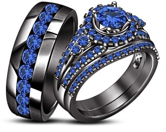 Most Searched Bride & Groom Trio Engagement Ring Set Blue Sapphire Black Gold Over 925Sterling Silver, Anniversary Gift Couple Trio Ring set