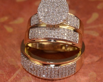 Couple's Engagement Wedding Trio Rings For Men And Women 14K Yellow Gold Finish Wedding Rings His & Her Rings Design Diamond Bridal Ring Set
