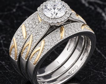 Couple's Engagement Wedding Trio Rings For Men And Women 14K Yellow Gold Finish Wedding Rings His & Her Rings Design Diamond Bridal Ring Set