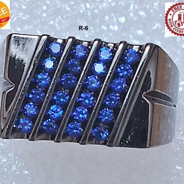Black Rhodium plated, Silver Men's Rings, Gifts For Him, Round Blue Sapphire Ring For Gents, Black Dipped Ring, Free Expedited shipping