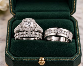 Moissanite or Simulated Diamond Trio Wedding Ring Set, 925 Sterling Silver, White Gold Finish | Black Friday Sale