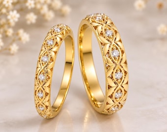 Couple Rings, Elegant Filigree Gold Plated Leaf-Motif Wedding Bands