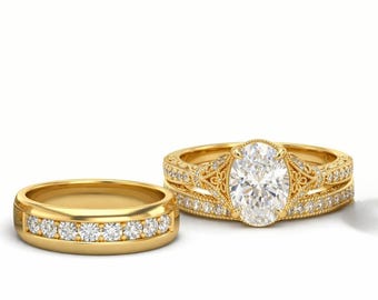 Couple's Engagement Wedding Trio Rings For Men And Women 14K Yellow Gold Finish Wedding Rings His & Her Rings Design Diamond Bridal Ring Set