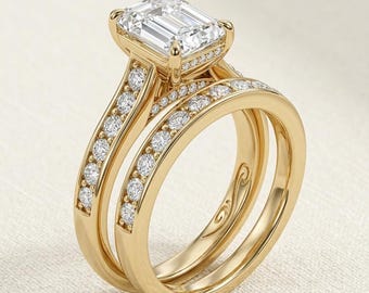 Women's Engagement Wedding Rings 14K Yellow Gold Finish Emerald Cut Diamond Bridal Rings Design