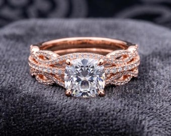 Cushion Cut Moissanite Engagement Ring Set for Women, 14K Rose Gold Fn Infinity Swirl Pave Band, Double Shank Bridal Set, Anniversary Gift