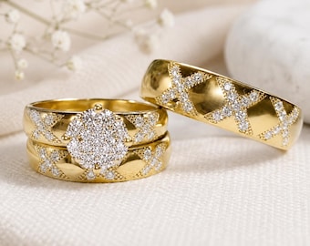 Couple's Engagement Wedding Trio Ring For Men Women 14K Yellow Gold Finish Wedding Rings His & Her Rings Design Sim Diamond Bridal Ring Set